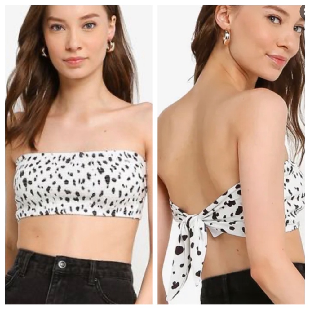Topshop shired smocked Dalmatian print tie up Bandeau top - Picture 1 of 6